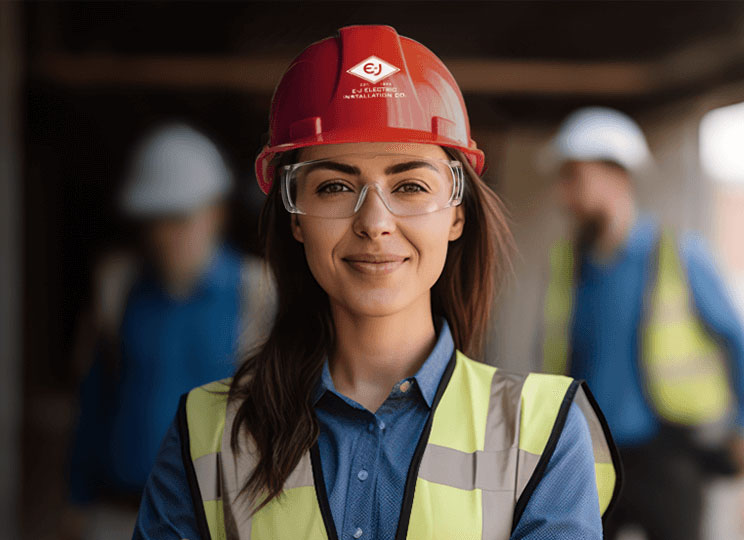 EJ Electric Employee wearing hard hat and safety glasses